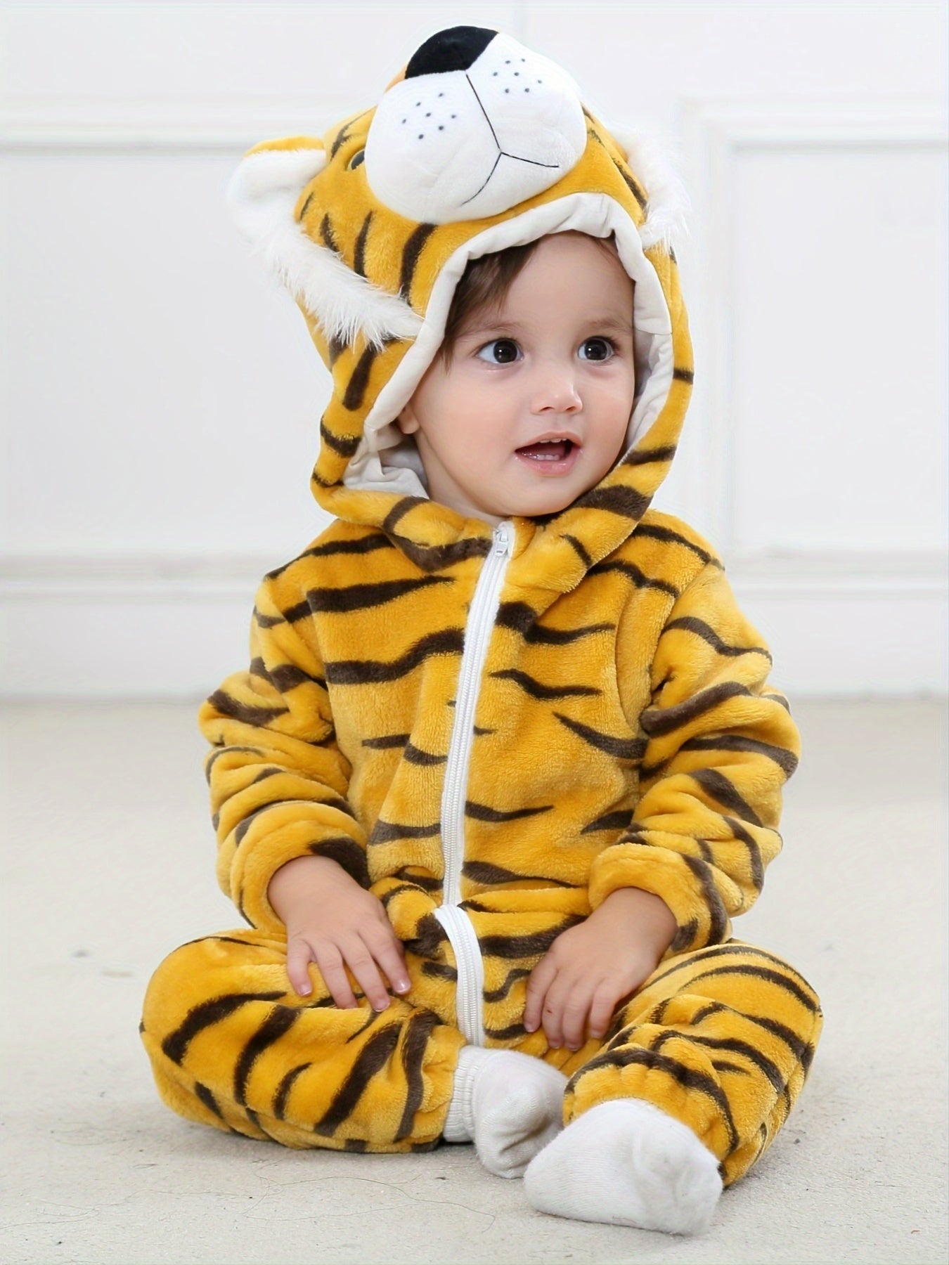 Lindo disfraz de tigre bebé para Halloween: mono unisex con capucha para cosplay y calidez.