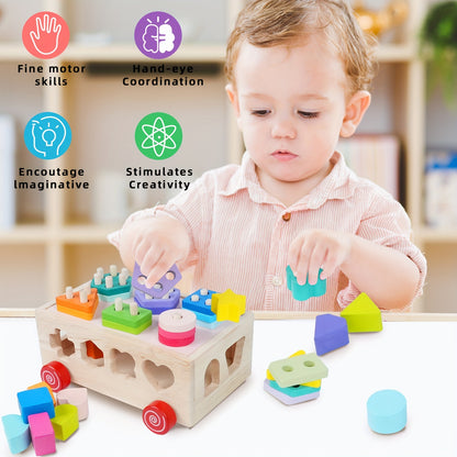 MUWANZI Wooden Shape Sorter Car Toy with Matching Blocks - Early Education Puzzle Sorting Game for Kids - Christmas, Halloween, Holiday Gift