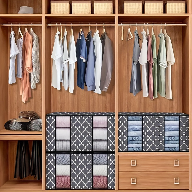 6pcs Set 90L Gray & White Printed Clothes Organizer with Lids - Collapsible, Waterproof Storage Bins with Reinforced Handles and Transparent Viewing Window for Bedding, Blankets, Toys, Under-Bed Storage