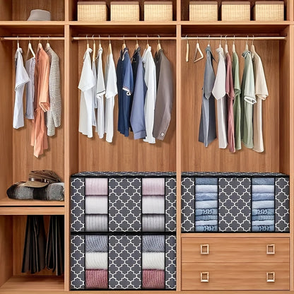 6pcs Set 90L Gray & White Printed Clothes Organizer with Lids - Collapsible, Waterproof Storage Bins with Reinforced Handles and Transparent Viewing Window for Bedding, Blankets, Toys, Under-Bed Storage