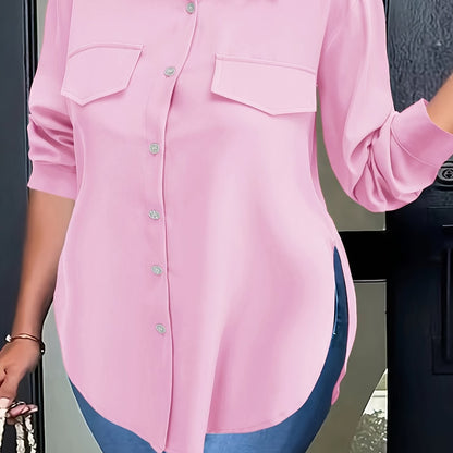 Blusa de talla grande con dobladillo curvo, informal, con cuello abotonado para primavera, ropa de talla grande para mujer.