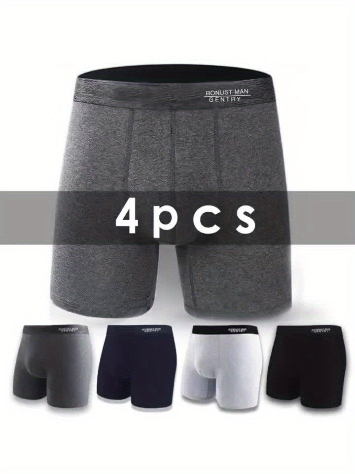 4pcs Cotton Comfy Long Style Men's Underwear Set, Anti-Chafe Legs, Comfortable, Breathable Sports Boxer Briefs Set That Won't Ride Up
