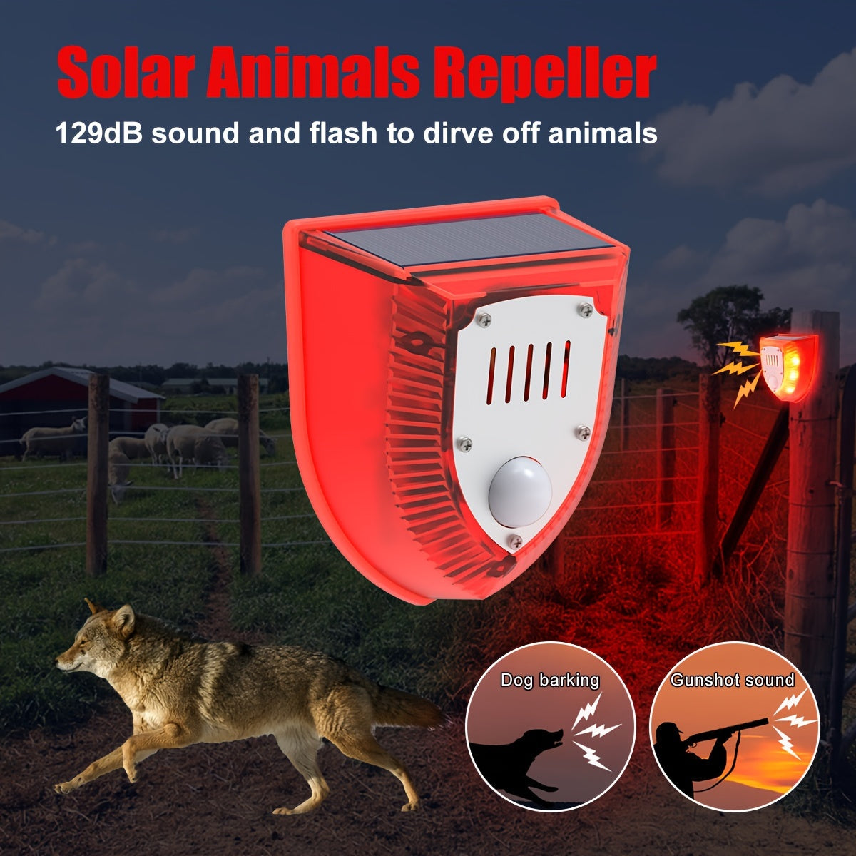 Alarma de seguridad solar para exteriores de 129 dB con sonido de perro ladrando y disparos, luz estroboscópica de advertencia para casa y jardín.