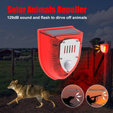 Alarma de seguridad solar para exteriores de 129 dB con sonido de perro ladrando y disparos, luz estroboscópica de advertencia para casa y jardín.