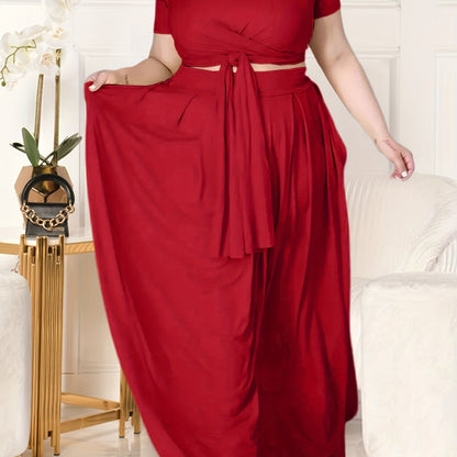 Plus Size Women's Solid Color Cross Tie Maxi Skirt Set, Casual Polyester Knit Dress with Short Sleeves, Round Neck, Pullover, Elastic Fabric, Fashionable Two-Piece Outfit