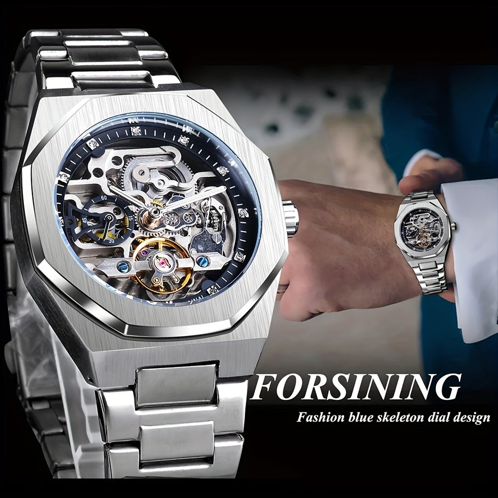 Reloj mecánico automático para hombre: esqueleto de diamantes de imitación 3D, acero inoxidable, estilo deportivo y profesional, regalo perfecto.