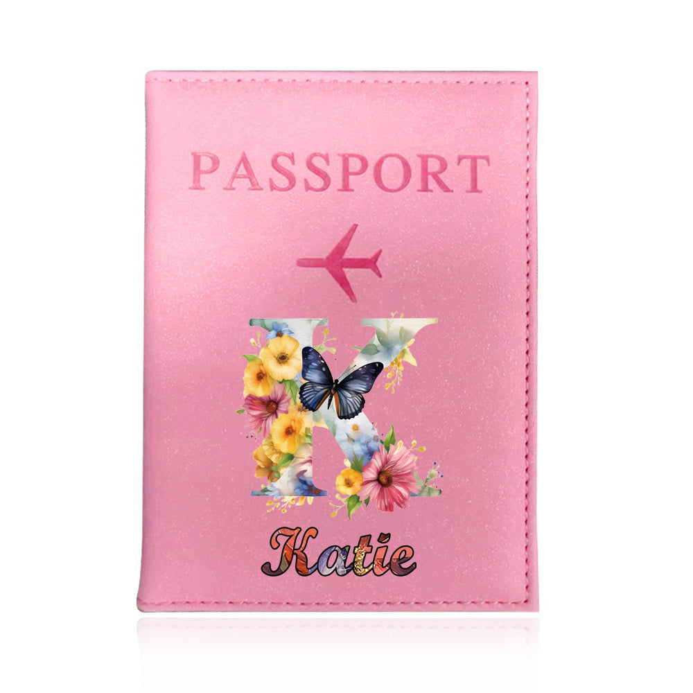 Customized Name Initial Pu Leather Passport Holder Cover Personalized Custom Ultra Slim Wallet Organizer Passport Protector Covers Personal Tailor Waterproof Card Case Storage Cases for Men Women Travel Accessories