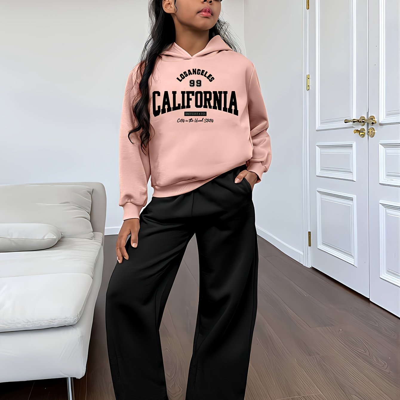 Conjunto de sudadera con capucha y pantalón ancho para niña, informal, con estampado de letras y dibujos animados, 304, poliéster elástico, corte holgado, otoño/invierno, tejido de punto, ropa juvenil, para exteriores.