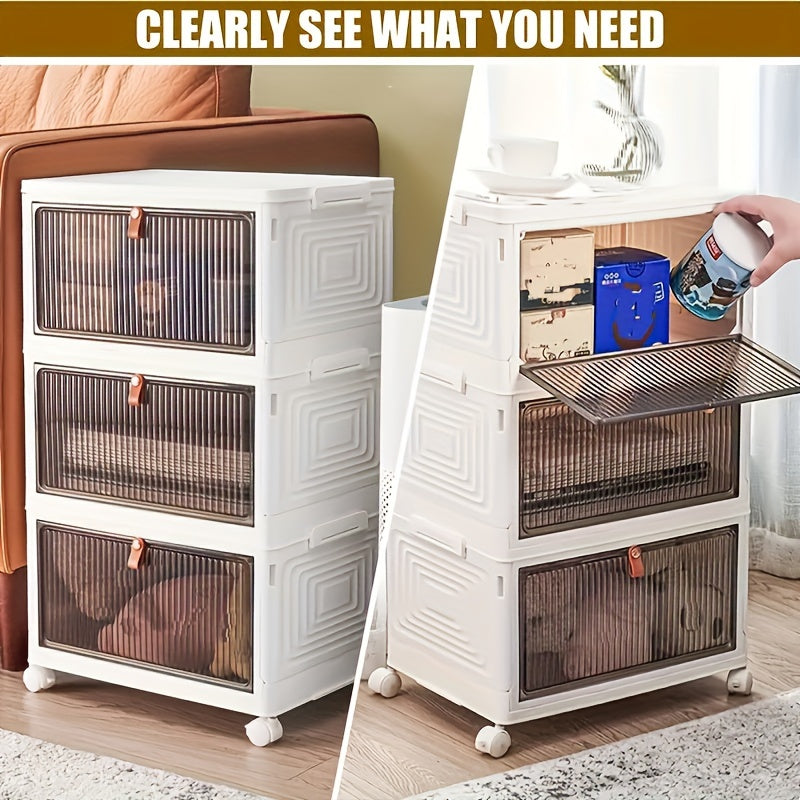 Caja de almacenamiento plegable multifuncional con puertas transparentes, ideal para ropa, libros y juguetes. Estilo clásico, para colocar en el suelo, parte trasera de plástico. Ideal para organizar el dormitorio, el baño, la oficina y la sala de estar.