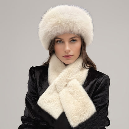 Women'S Luxurious Faux Fur Hat and Scarf Set, Winter Warmth Thickened Polyester Fox Fur Cap with Earmuffs, Elegant Festive Gift, Knitted No-Brim Hat, Non-Stretch, Hand Wash Only
