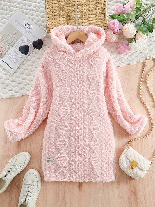 Elegant Hooded Long Sleeve Knit Midi Dress for Youth - Winter Warm Comfortable Polyester Solid Color Diamond Pattern Textured Dress with Regular Fit for Outdoor Wear, Thick