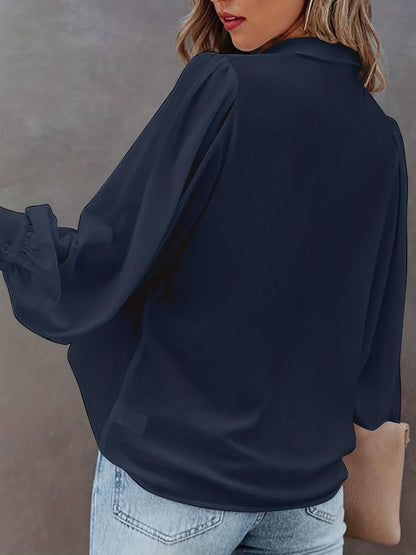 Blusa básica de talla grande para mujer, con botones, mangas farol, cuello vuelto, ligeramente elástica