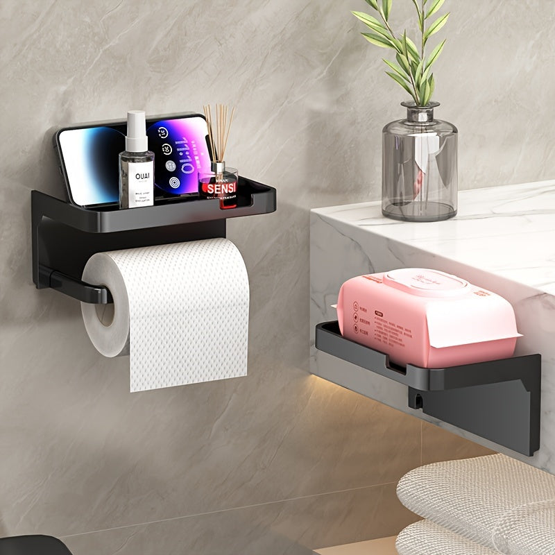 Portarrollos de papel higiénico de pared, fácil de instalar, sin taladros, con soporte para teléfono - Organizador de baño con acabado pulido