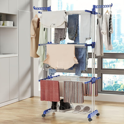 3-Tier Foldable Clothes Drying Rack with Wheels - Durable Metal & Plastic, Space-Saving Design for Indoor/Outdoor Use, Easy Assembly, Drying Racks