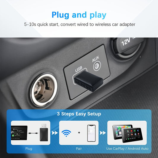 USB Wireless CarPlay & Android Auto 2-in-1 Adapter - Plug & Play, Low Latency, Converts Wired Connections to Wireless Car Connectivity, Wi-Fi Enabled, Compatible with iOS 12+ / Android 11+ for In-Dash DVD & Video Receivers