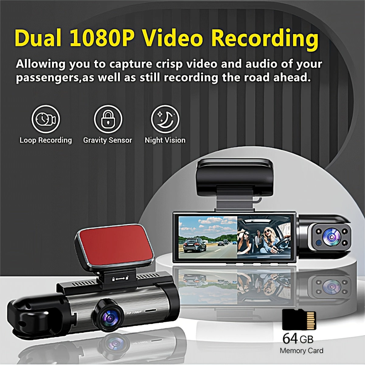 Ouyaaqii HD Dash Cam with 64GB High-Speed Memory Card, Fast Car Charger Bundle, 1080P Night Vision, Alloy Sun-Proof Case, Front & Interior Dual Lens - Upgraded Security Camera