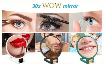 Espejo de maquillaje de mano de doble cara con aumento de 1X/30X y mango ajustable 360°. Diseño portátil y plegable para un cuidado preciso. Ideal para viajes. No necesita pilas. Marco negro con detalles dorados. Mini espejo.