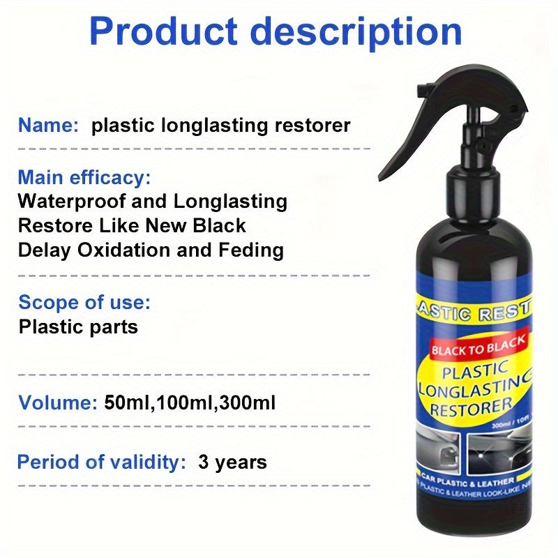 Jiang Jia Bao Car Plastic Restorer - Exterior Rubber and Plastic Care Agent, Deep Cleaning Shine and Restoration Formula, Protects Auto Surfaces, Long-Lasting Black Seal, Multi-Size Pack (30ML/50ML/100ML/300ML)