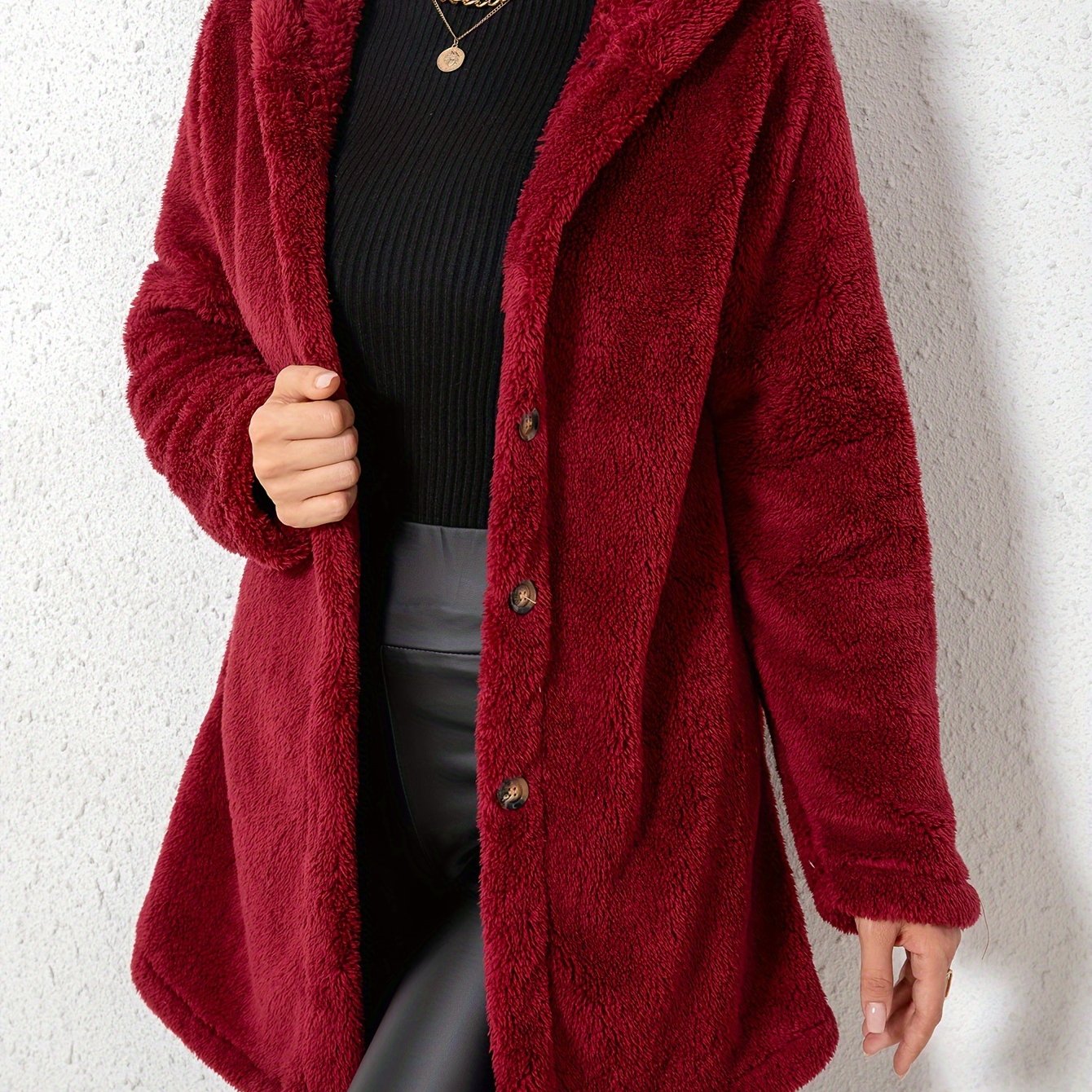 1pc Elegant Women'S Fleece Jacket, Polyester Knit Fabric, Solid Color, Fall/Winter Season, Cozy Warm Outerwear