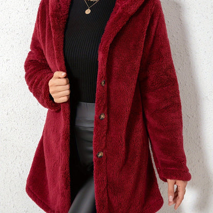 1pc Elegant Women'S Fleece Jacket, Polyester Knit Fabric, Solid Color, Fall/Winter Season, Cozy Warm Outerwear