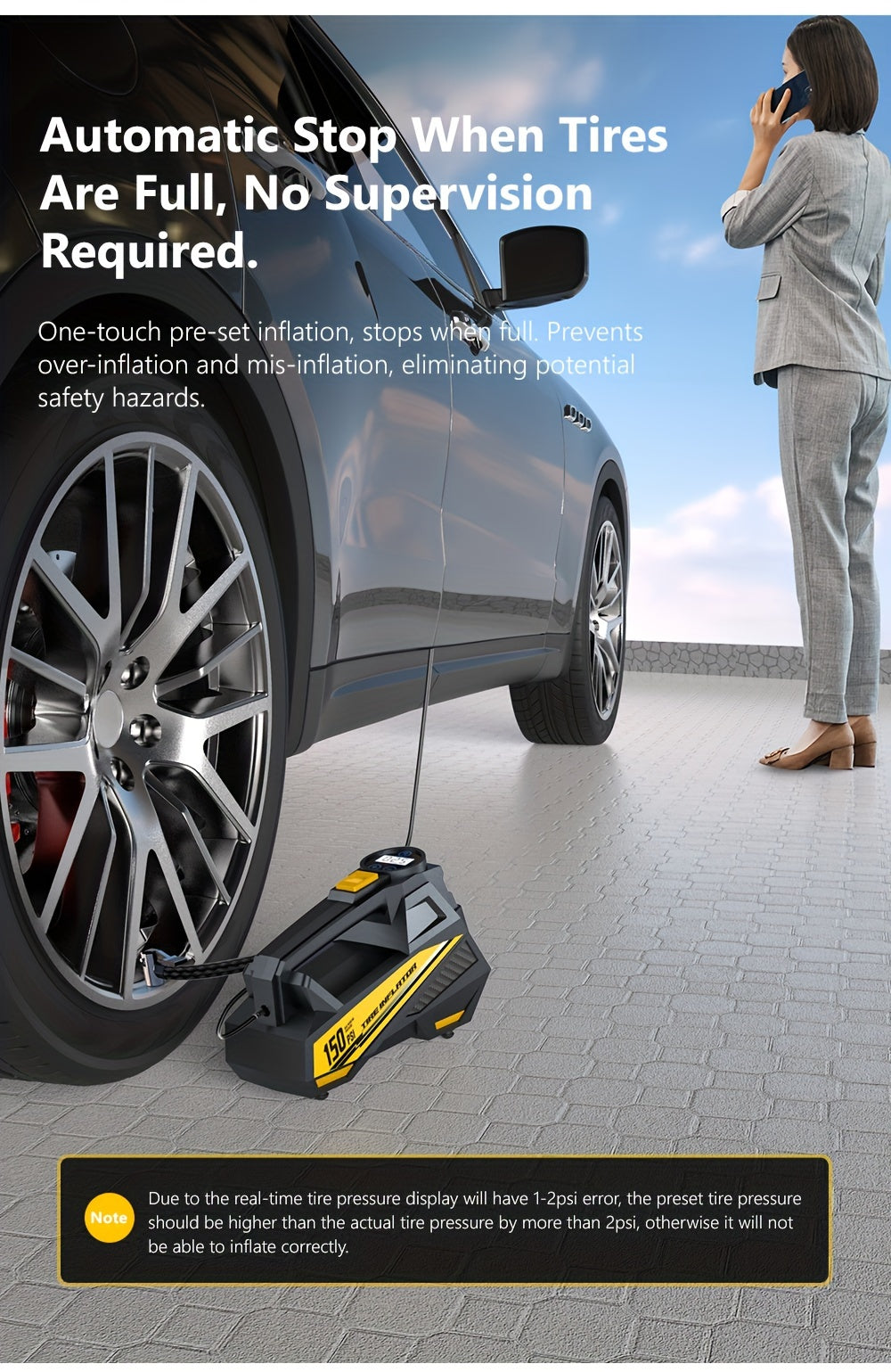 Carsun Digital Tire Inflator - Portable Car Air Pump Compressor with LED Light, for Smart Chip Upgrade, 22-Cylinder Movement & Wired Power Supply for Automobiles, Motorcycles, Bicycles - 12V DC, 150 PSI, Car Plug Operation, N