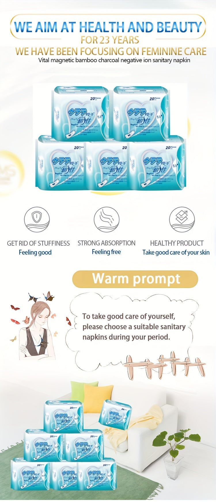 Compresas de iones negativos de carbón de bambú (20/40/50/100 unidades), compresas ultrafinas Wing, cómodas, suaves y sin fragancia. Compresas menstruales Wing, empaquetadas individualmente, cuidado personal femenino Hy