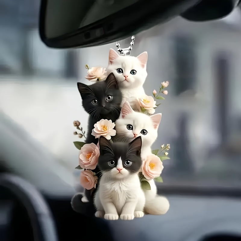 Charming Acrylic Cat & Floral Hanging Ornament - Versatile 2D Decor for Car Rearview Mirror, Bags & Keychains - Perfect Couple's Gift & Holiday Accessory