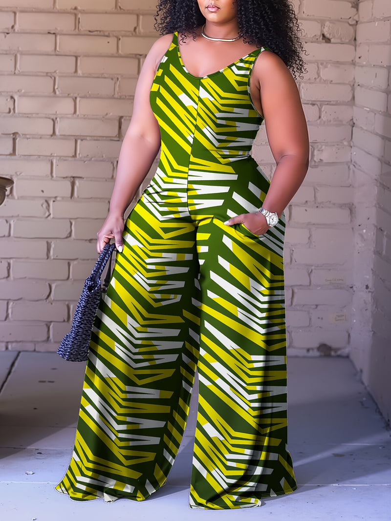Plus Size, Plus Size Women's Sleeveless V-Neck Geometric Striped Jumpsuit - Wide-Leg Beach Vacation Outfit, Green Yellow White Purple Casual Elegance, Machine Washable All-Season Wear, Beach Clothes, Summer Wardrobe, Elegant