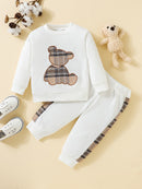 Adorable 2pcs Outfit For Toddler Girls &amp; Boys - Bear Embroidery Sweatshirt &amp; Splicing Pants! Outdoor Clothes