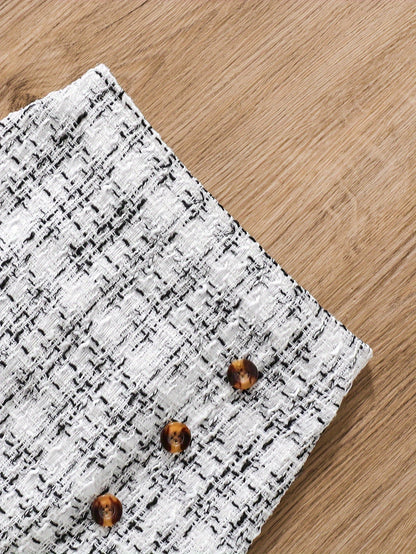 Conjunto de 2 piezas: top de manga larga con volantes y falda de punto de tweed - Ropa de primavera/otoño, atuendo para niñas al aire libre, regalo