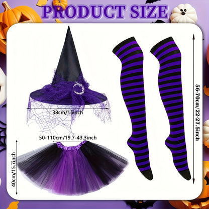 3 Pcs Halloween Witch Costumes for Women: Gothic Cosplay Witch Hat, Tutu Skirt, Striped Knee High Socks Set