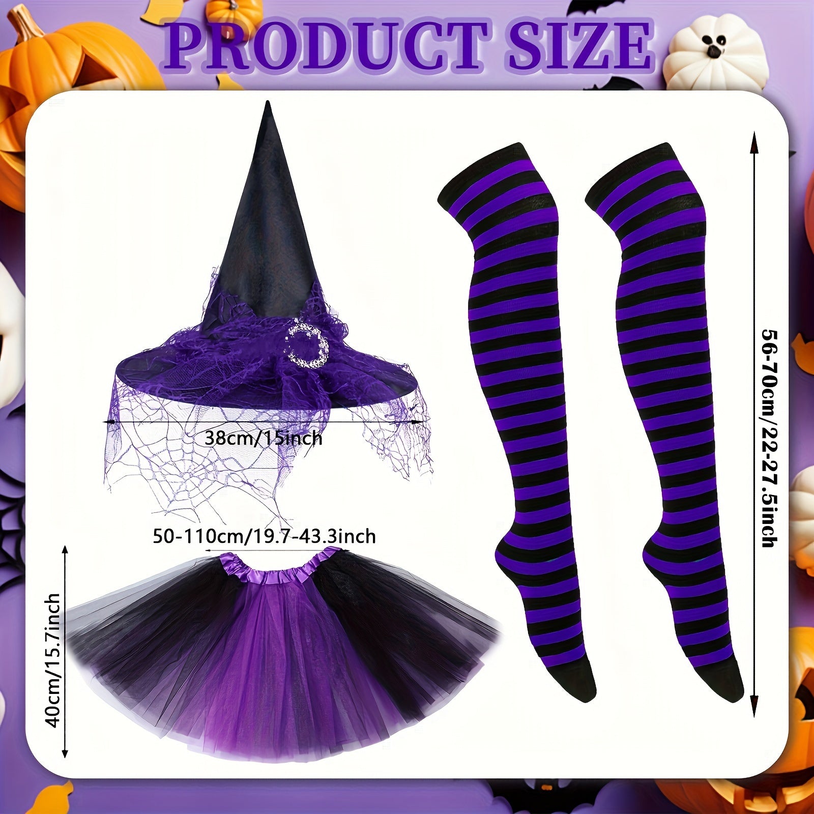 Disfraz de bruja de Halloween para mujer, 3 piezas: sombrero de bruja gótico, falda de tul y calcetines a rayas hasta la rodilla.