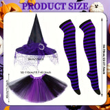 Disfraz de bruja de Halloween para mujer, 3 piezas: sombrero de bruja gótico, falda de tul y calcetines a rayas hasta la rodilla.