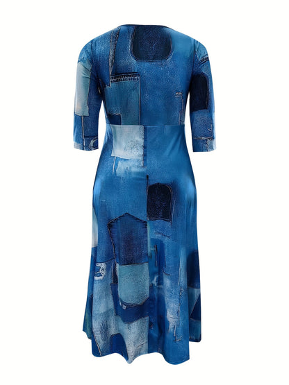 Elegante vestido de poliéster de talla grande con cinturón: cuello redondo elástico cómodo, estilo informal para el fin de semana, dobladillo recto, silueta grande con bolsillos, manga corta, tejido de punto jersey para primavera, verano y otoño.