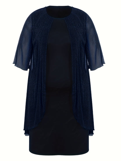 Plus Size - Elegant Plus Size Two-Piece Dress with Mesh Overlay - Navy Blue, Round Neck, Sleeveless, Flowy Design for Spring/Summer, Polyester Blend, Women'S Fashion, Plus Size Dresses