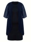 Plus Size - Elegant Plus Size Two-Piece Dress with Mesh Overlay - Navy Blue, Round Neck, Sleeveless, Flowy Design for Spring/Summer, Polyester Blend, Women'S Fashion, Plus Size Dresses