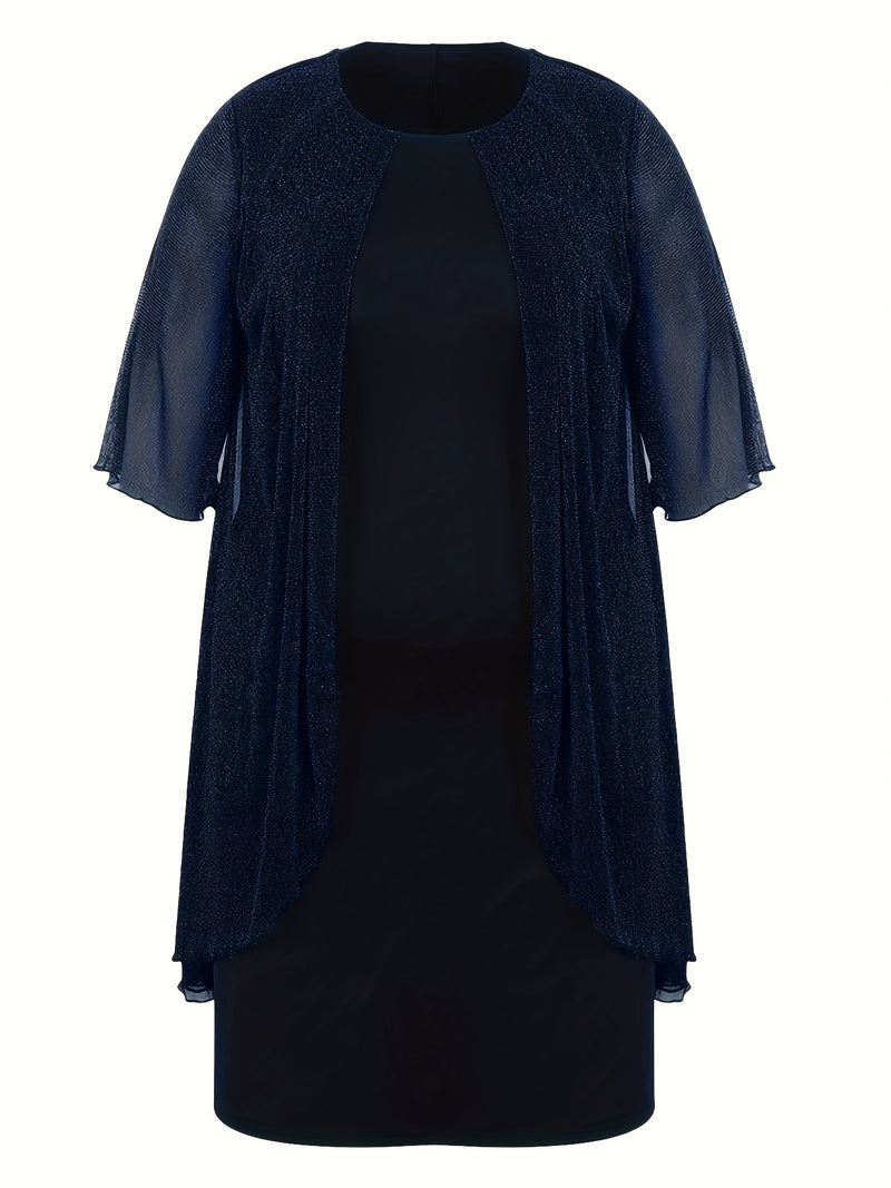 Plus Size - Elegant Plus Size Two-Piece Dress with Mesh Overlay - Navy Blue, Round Neck, Sleeveless, Flowy Design for Spring/Summer, Polyester Blend, Women'S Fashion, Plus Size Dresses