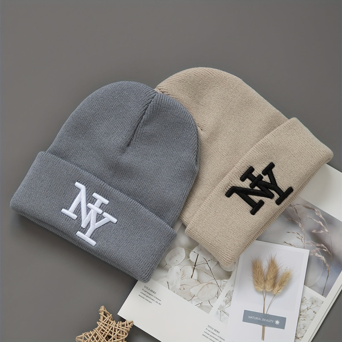 2-Pack Unisex Winter Beanie Hats, Solid Color Knitted Polyester Outdoor Warm Caps, Hand Washable, Fashionable Daily Wear for Men and Women