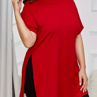 Plus Size Side Split Solid T-Shirt, Casual Crew Neck Short Sleeve T-Shirt, Women's Plus Size Clothing