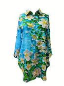 Plus Size - Elegant Floral Print Maxi Dress with Long Sleeves - Blue & White Floral Design, Button-Up Front, Casual Style for Women, All-Season Wear, Casual Summer Dress | Floral Print Dress | Nonstretch Fabric