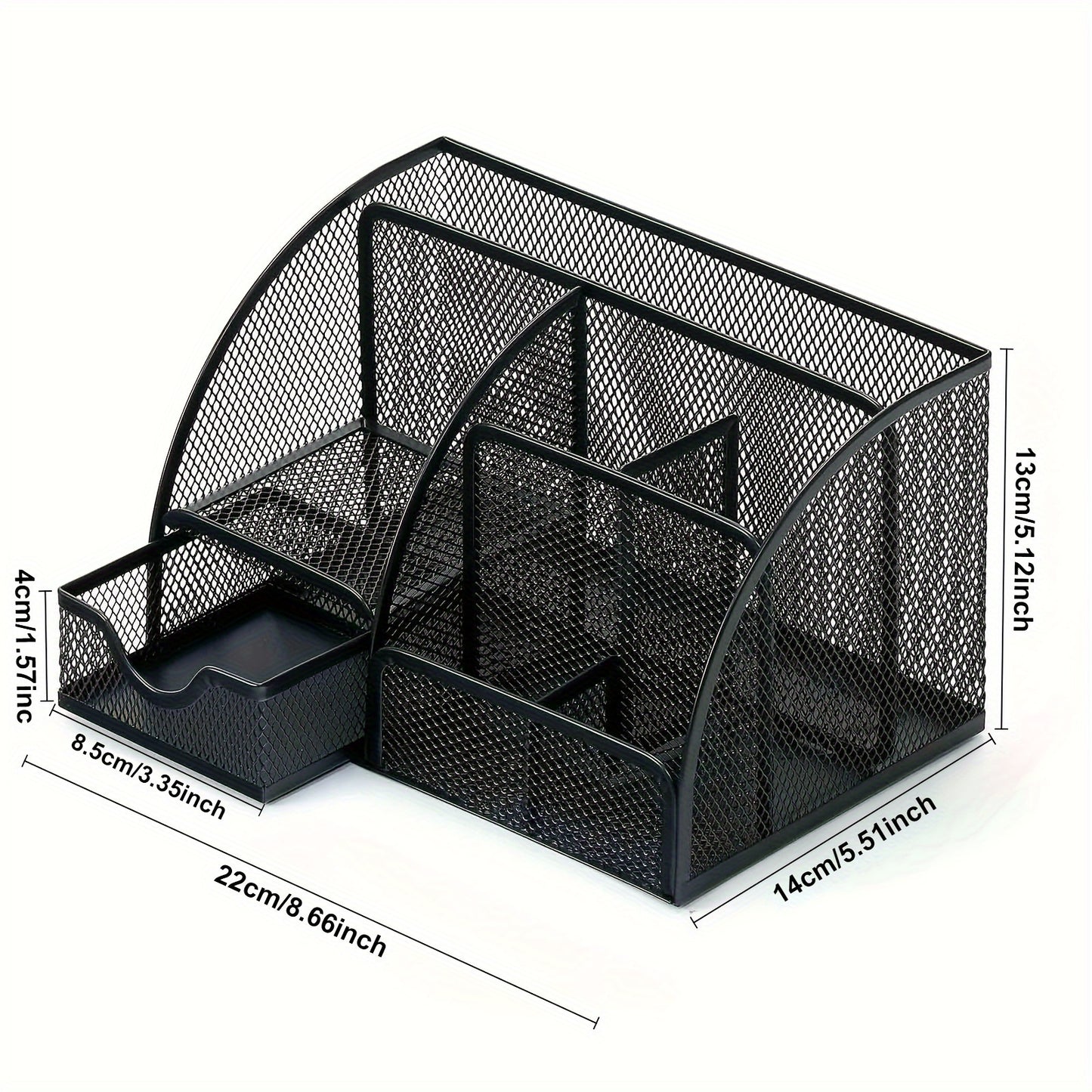 Black Mesh Desk Organizer with 7 Compartments - Large Capacity Pen Holder, Office Supply Caddy, Makeup Brush Storage, Durable Iron Construction, Painted Finish