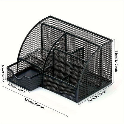 Black Mesh Desk Organizer with 7 Compartments - Large Capacity Pen Holder, Office Supply Caddy, Makeup Brush Storage, Durable Iron Construction, Painted Finish
