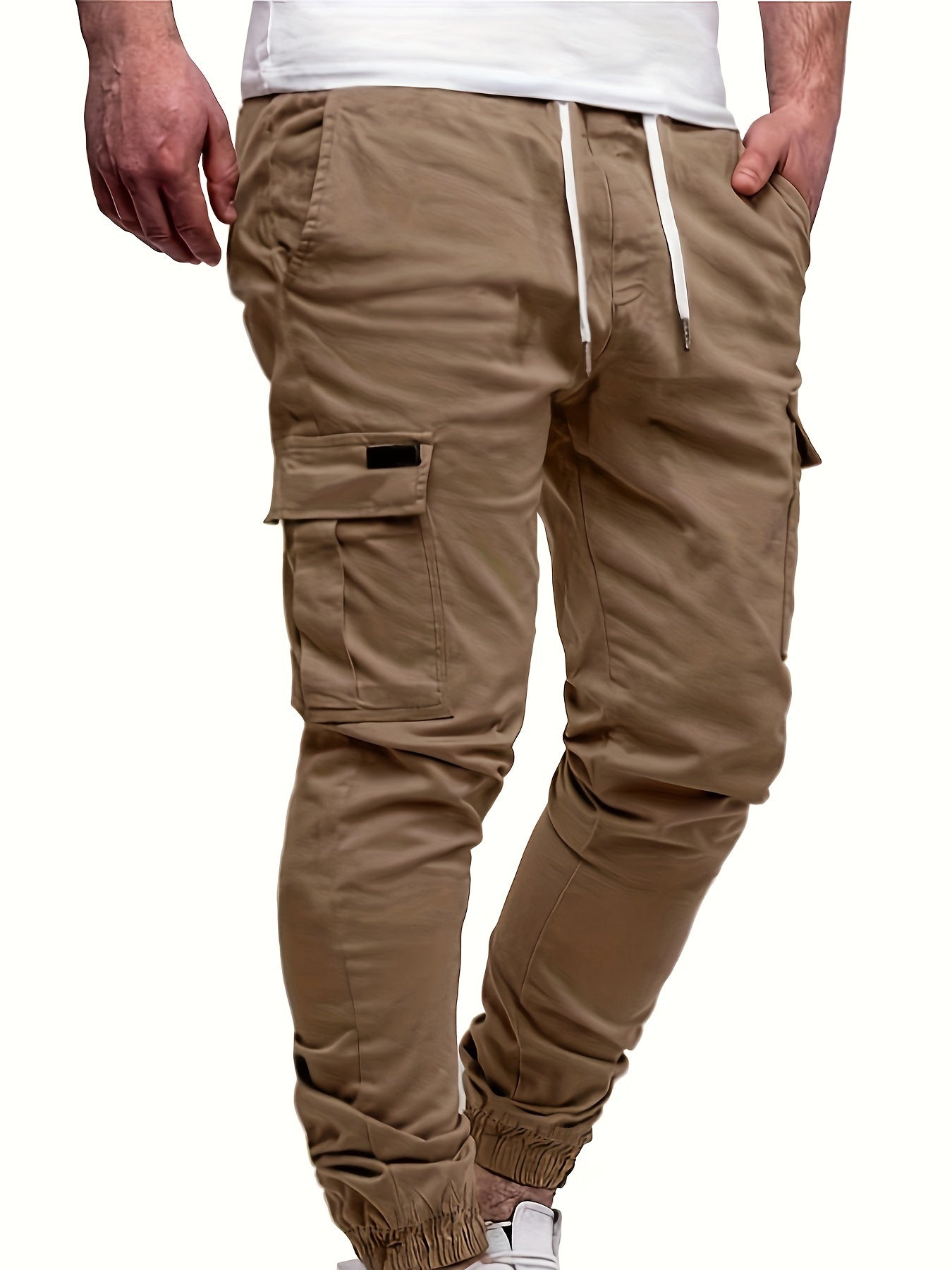 Men's Fashion, Regular Fit And Cuffed Solid Cargo Pants With Flap Pockets, Chic And Trendy Solid Drawstring Leisure Trousers For Daily Outerwear