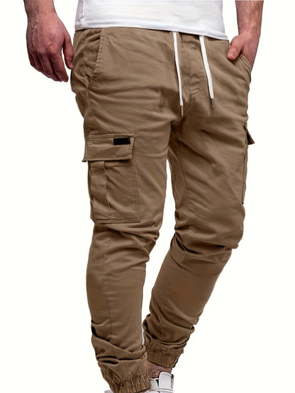 Men's Fashion, Regular Fit And Cuffed Solid Cargo Pants With Flap Pockets, Chic And Trendy Solid Drawstring Leisure Trousers For Daily Outerwear