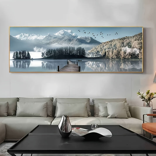 Impresión artística en lienzo grande de inspiración vintage: paisaje de montañas nevadas, selva y lago | Decoración de pared sin marco para sala de estar, dormitorio y oficina