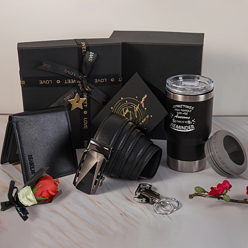 Set de regalo de 6 piezas para hombre: billetera de cuero, cinturón de acero inoxidable, vaso con tapa, llavero, tarjeta y flores artificiales. Ideal para cumpleaños, San Valentín, Día del Padre y Navidad.