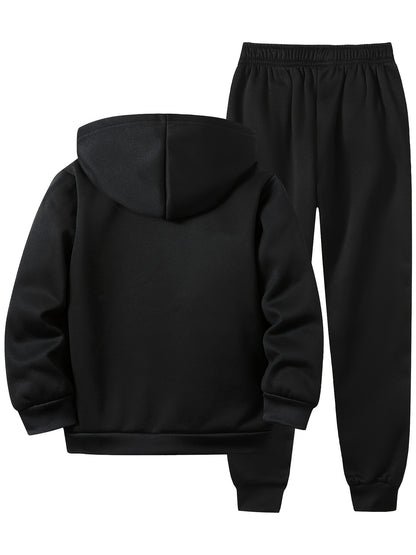 Kids' Soccer Player Print Hooded Tracksuit Set - Polyester Hoodie and Sweatpants with Zipper, Long Sleeve, Casual Geometric Pattern, Slight Stretch Fabric for Daily Wear and Jogging, Fall/Winter Collection for Boys and Girls,