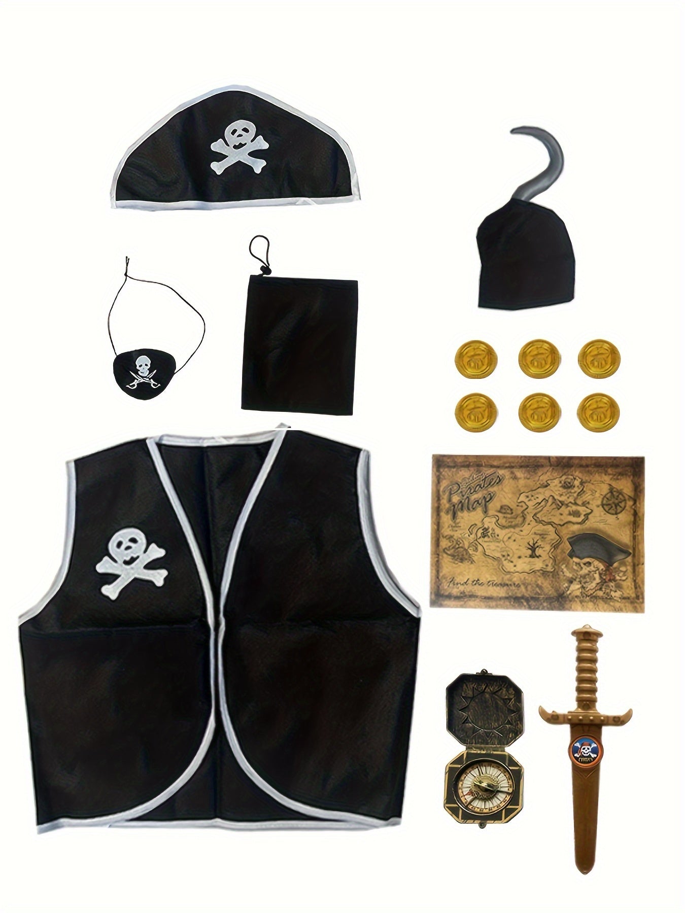 14Pcs/set Kid's Pirate Cosplay Costume, Pirate Captain Dress Up Set For Carnival Birthday Party Performance Clothing