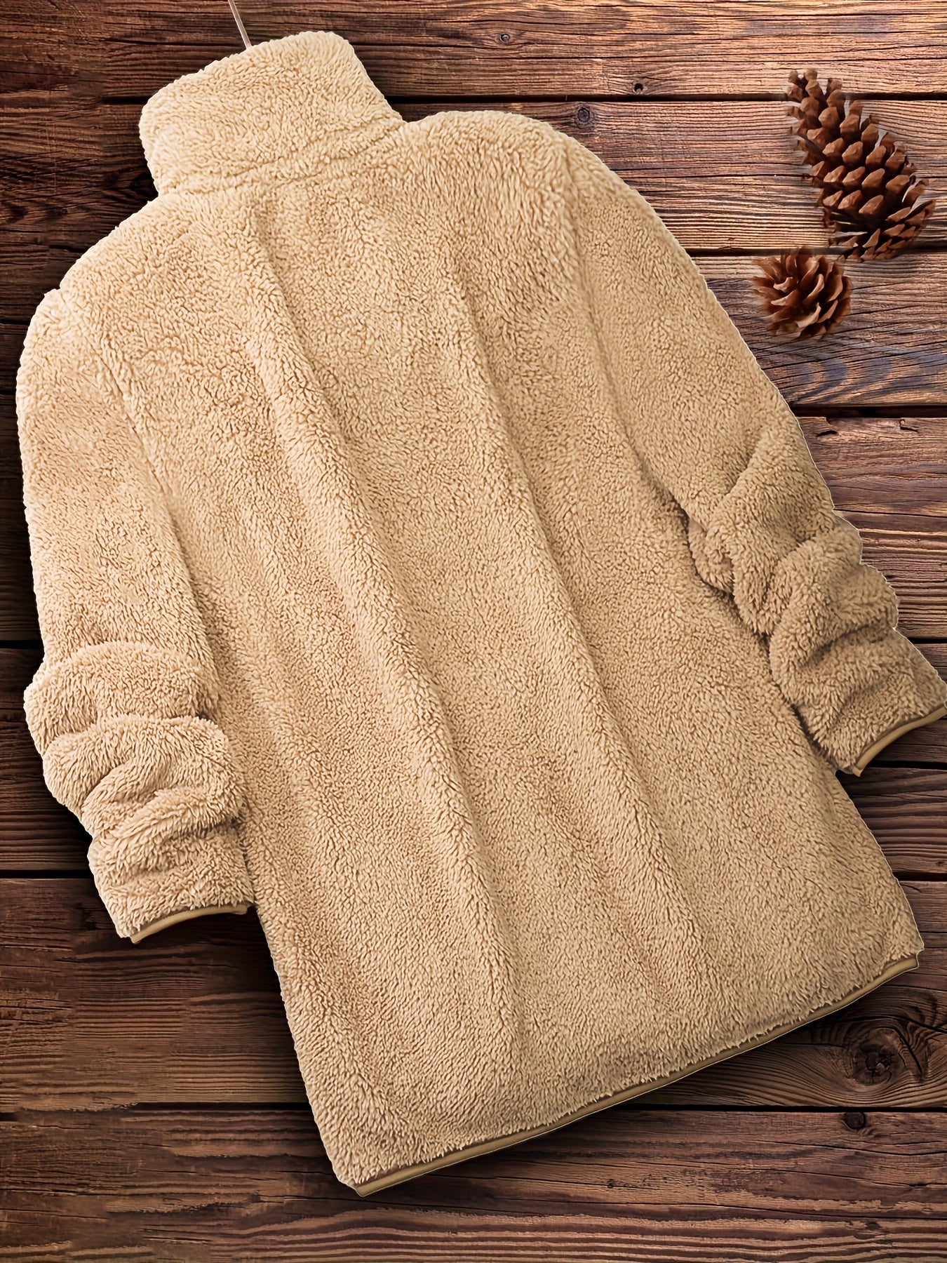 Plus Size Solid Color Fuzzy Coat, Casual Zipper Front Long Sleeve Warm Outerwear For Fall & Winter, Women's Plus Size Clothing