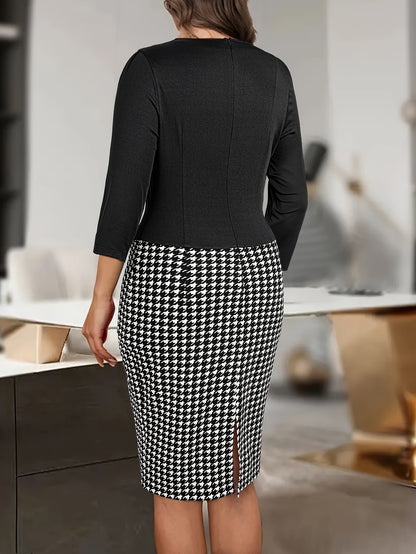 Plus Size Houndstooth Print Patchwork Bodycon Dress, Elegant Split Back 3/4 Sleeve Dress For Spring & Fall, Women's Plus Size Clothing